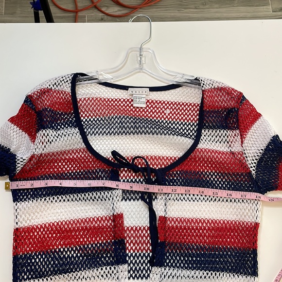VOICE Red White Blue Striped Open Front Tie Front Longsleeve Cardigan Net Top - Picture 7 of 8